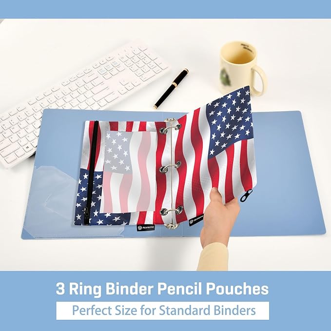 Waving USA American Flag Pencil Pouch for 3 Ring Binder, 2 Pack Waterproof Pencil Bags Clear Window Zipper School Office Supplies
