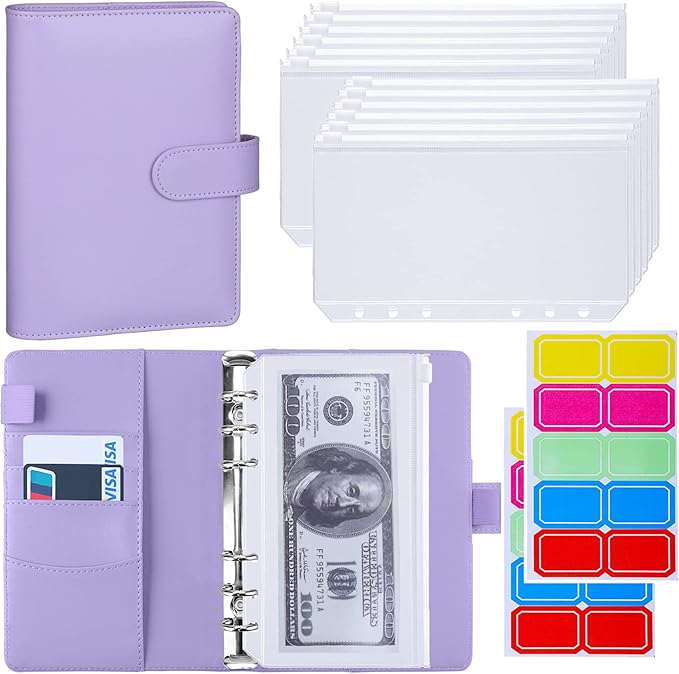Antner A6 Budget Binder with Zipper Cash Envelopes for Money Organizer & Budgeting, PU Leather Budget Planner Money Saving Binder with Cash Stuffing Envelopes & Labels for Home Office Travel, Purple