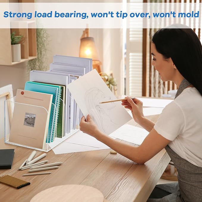 Suzile Clear Acrylic Magazine File Holder with Vertical Compartments Desk Organizer Book Rack for Desk Sorter Paper Folder Office Accessories(Clear,16.1 x 7.2 x 6.5 Inch)