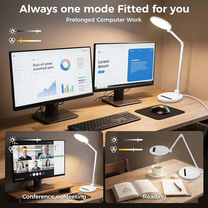 LED Desk Lamp for Home Office, Eye-Caring Desk Light for Video Call, Dimmable 3 Color Temperature 10 Brightness Computer Light, Led Desk Light, Memory & Timer Func, Adjustable Flexible Swing Arm