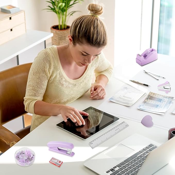 Office Supplies Set, Purple Stapler and Tape Dispenser Set with Staple Remover, Stapler and Staples Set with 1000 Staples, Clips, Tape, Scissor and Tabs, Desk Accessories for Women Student