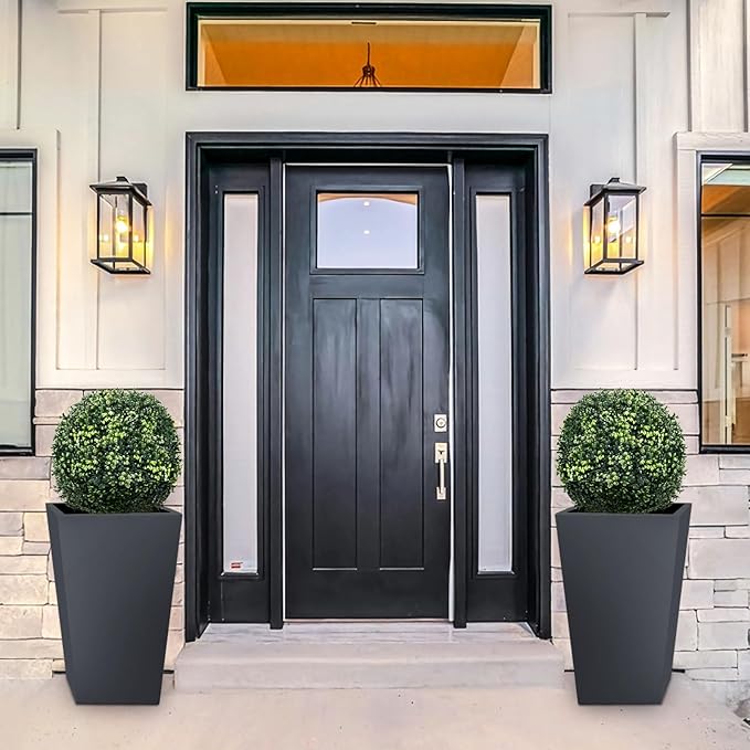 Goplus 22” Artificial Boxwood Topiary Ball Tree, Set of 2 Faux Potted Plants Artificial Shrubs Bushes with Cement Pot, Fake Evergreen Artificial Topiary for Indoor Outdoor Home Front Porch Decor