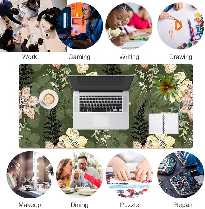 Colorful Star Large Mouse Pad, PU Leather Waterproof Desk Mat, Computer Gaming Mouse Pad, XXL Table Mousepad Non Slip Full Desk Pad for School Office Home 31.5" x 15.7" - Vintage Bold Flowers