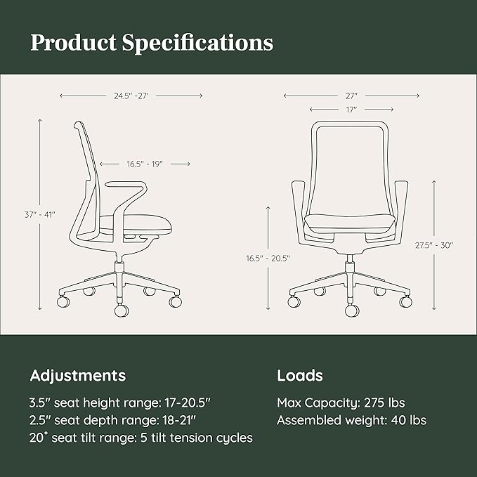 Branch Verve Chair - High Performance Executive Office Chair with Contoured Seat Back and Adjustable Lumbar Rest - High Density Foam Cushion with Aluminum Base - Up to 275 lbs - Lunar