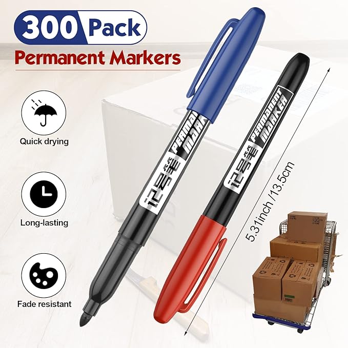 Thenshop 300 Pack Permanent Markers Bulk First Day of School Back to School Supplies Fine Point Waterproof Marker Works on Plastic, Wood, Stone, Metal, Glass for Office Classroom(Black, Red, Blue)