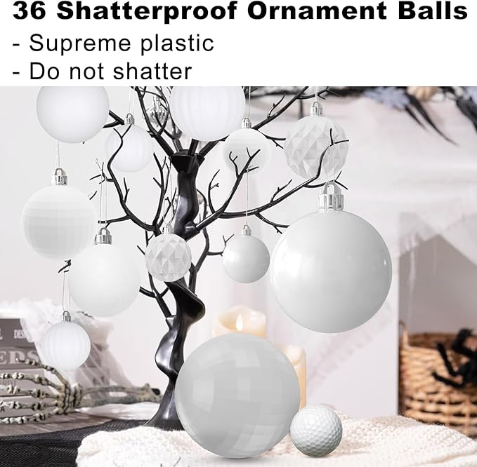 White Christmas Ornaments - Christmas Tree Decorations Shatterproof Hanging Balls for Birthday Wedding Holiday Decor Set of 36pcs, Multi-Sizes(1.6",2.5",3.2")