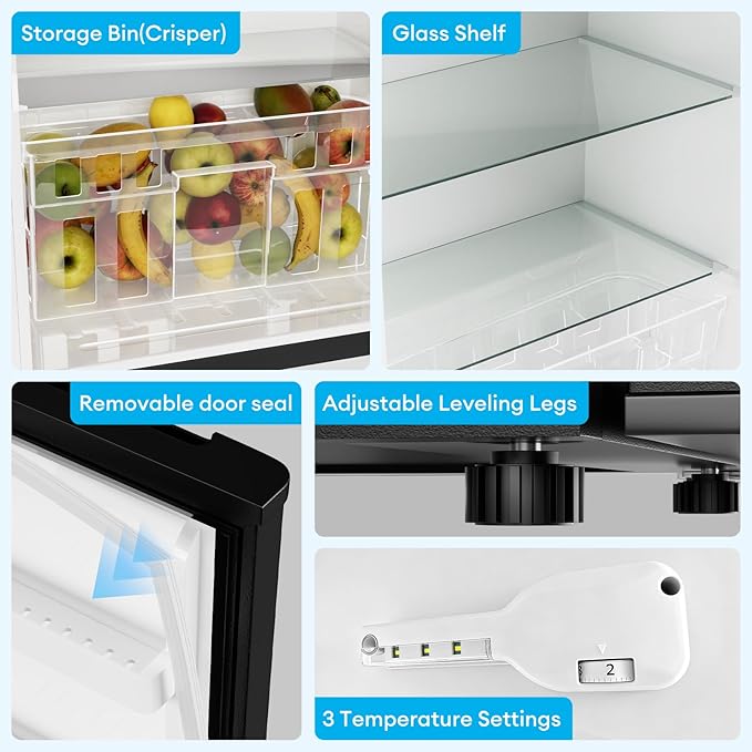 TABU 4.5 Cu.Ft Refrigerator with Top Freezer, Compact Double Door Fridge with Adjustable Thermostat & Removable Shelves, for Home, Office and Apartment, Black