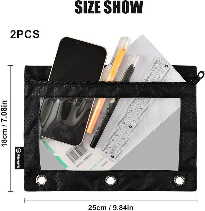 Gredecor Binder Pencil Pouch 3 Ring Black Zipper Pencil Pouches Case 2 Pack Clear Window Binder Organizer for School Office