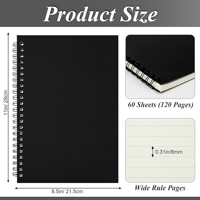 Eelosp 12 Pack Large Spiral Notebook 8.5 x 11 Inch Lined College Ruled Spiral Journal Wire Bound Notebook Kraft Cover, 120 Pages for Work Students Office Business(Black)