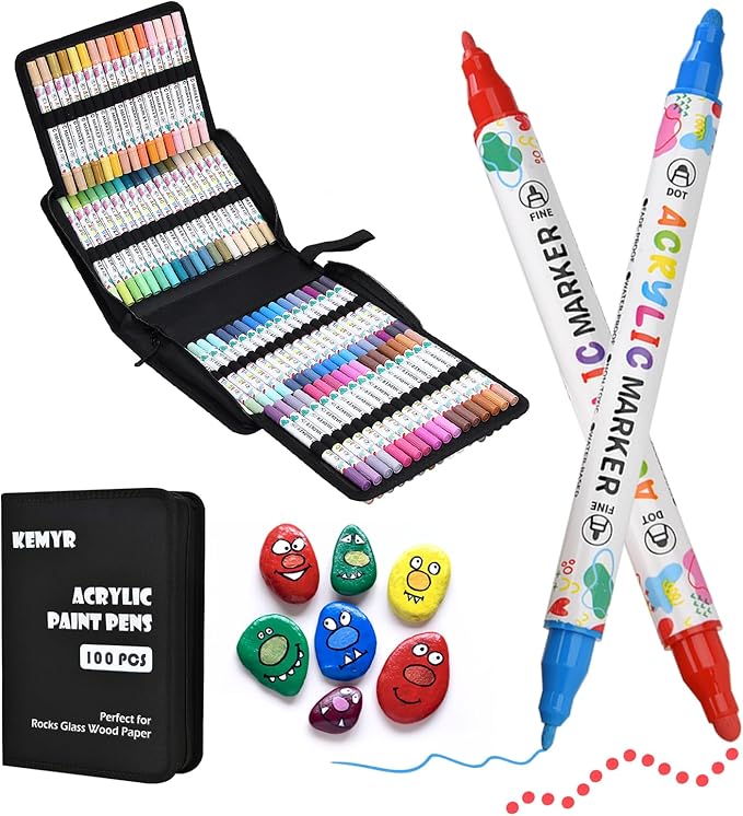 100 Colors Acrylic Paint Pens, Dual Tip Acrylic Paint Markers for Paper, Wood, Canvas, Stone, Rock Painting, Glass, Fabric, DIY, Ceramic, Art Supplies for Kids and Adults Drawing (Dot + Fine)