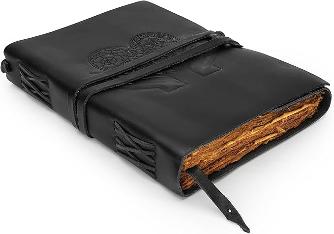 LUXEORIA Heart Journal for Women and Men, Handcrafted Leather Journal for Writing Womens, Sketchbook, Travel Diary with Unlined Deckle Paper, Black 7x10