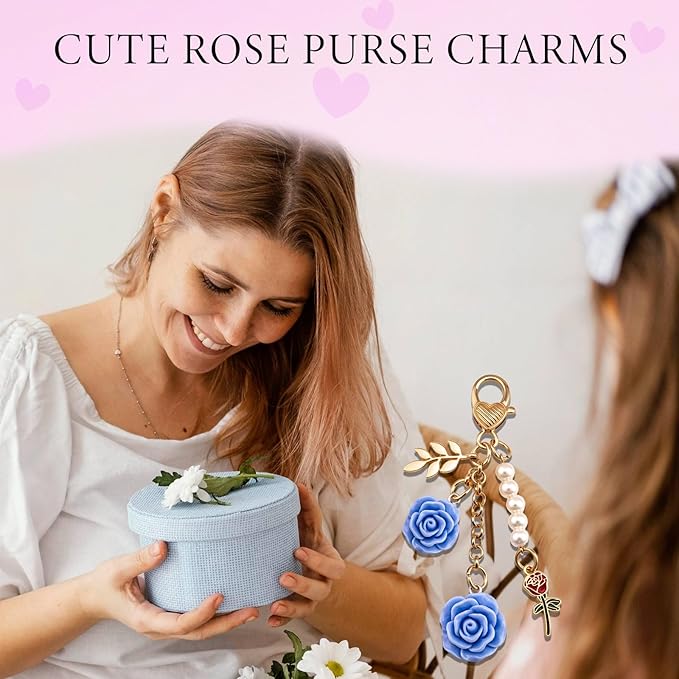 Rose Purse Charms Cute Flower Keychain With Heart Sticker Charm Chain For Kindle Colorful Bag Charms For Handbags