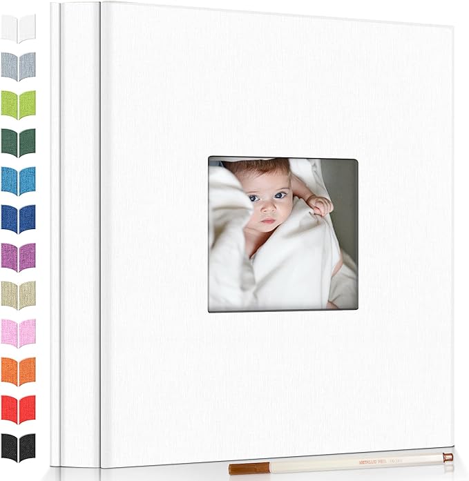 Photo Album Self Adhesive Scrapbook Album for 3x5 4x6 5x7 8x10 Pictures,40 Pages Linen Cover with Display Window DIY Photo Book,Ideal Gifts for Family Travel Wedding Baby