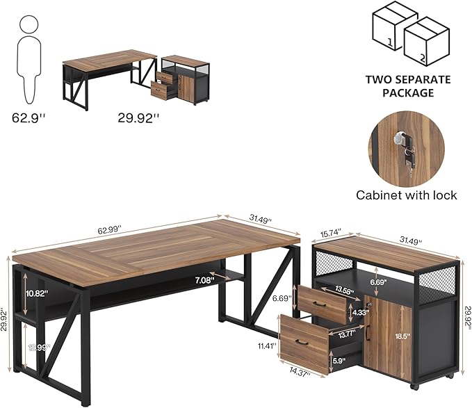 Tribesigns 63" L Shaped Desk with Drawer Cabinet, Executive Computer Desk and lateral File Cabinet, 2 Piece Home Office Furniture with Drawers for Hanging File, Doors with Locks (Brown, 63 inches)