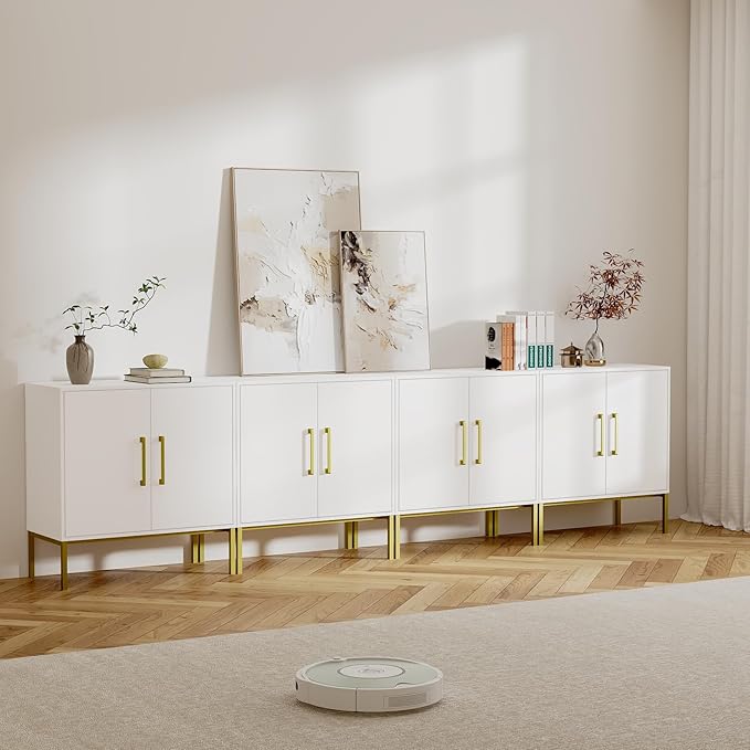 LYNSOM Storage Cabinet with Doors, Set of 4, Modern Buffet Cabinet with Storage, Kitchen Sideboard Buffet, White Wood Accent Cabinet for Living Room, Bedroom, Hallway, Entryway, Office, White