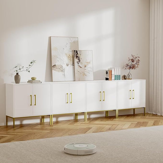 LYNSOM Storage Cabinet with Doors, Set of 4, Modern Buffet Cabinet with Storage, Kitchen Sideboard Buffet, White Wood Accent Cabinet for Living Room, Bedroom, Hallway, Entryway, Office, White
