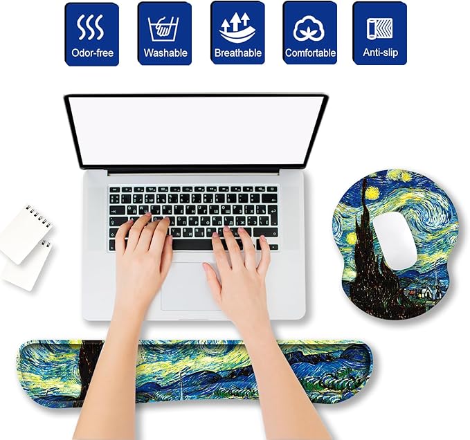 ARTSO Ergonomic Mouse Pad with Wrist Rest, Comfortable Keyboard Wrist Rest, Memory Foam Mousepad for Computer Keyboard, Mouse Pad Set for Easy Typing, Pain Relief, Starry Sky Oil Painting