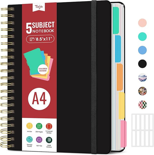 Hardcover Spiral Journal Notebooks for Work With Removable Dividers & Tabs, 8.5"x11" 5 Subject Notebook for Note Taking & Organizer, A4 College Ruled Lined Journal for Women & Writing, Black, 280 Pages