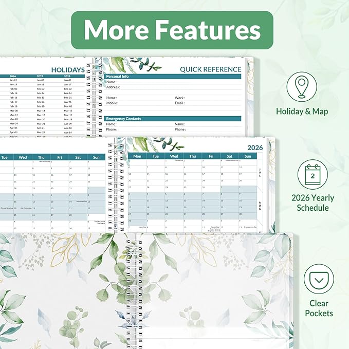 SUNEE 2026 Weekly and Monthly Planner - from January 2026 - December 2026, 6.4" x 8.3" Daily Agenda Planner with Monthly Tab, Flexible Cover, Note Pages, Pockets, Bookmark, Spiral Binding, Greenery