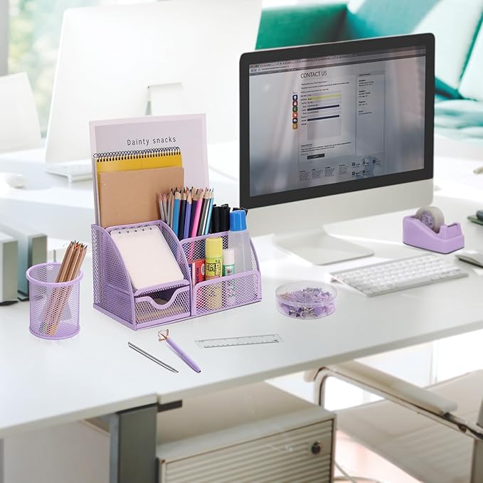 SYMDROMIA 13-in-1 Office Desk Organizer Set with Stapler and Tape Dispenser, Pen Holder, Scissors, Ruler, Hole Punch, 2 Pens & More Desktop Accessories for Back to School Supplies (Purple)