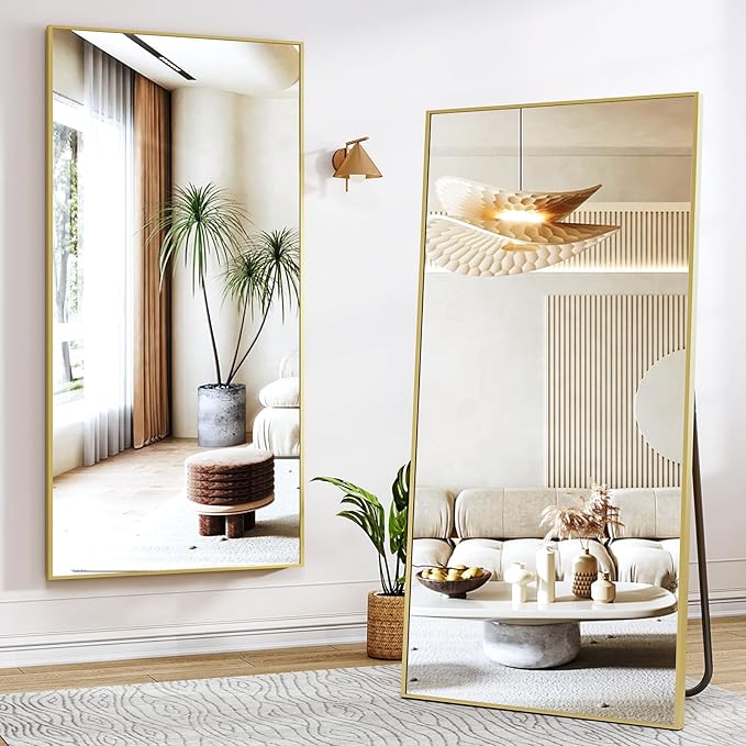 26"x71" Full Length Mirror, Adjustable Standing/Wall Mounted Floor Mirror for Bedroom, Living Room, Entryway, Large Gold Leaning Mirror with Shatterproof Glass