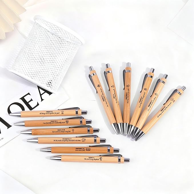 Bible Verse Pens 25 Pcs with 12 Christian Pens & 12 Refills & 1 White Pen Holder Bamboo Retractable Ballpoint Pens Inspirational Quote Pen Religious Gifts for Men Women
