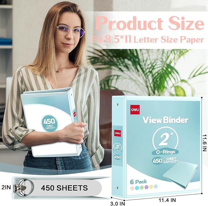 Deli 2-inch 3 Ring Binder with 2 Interior Pockets, 450 Sheets Capacity, 2 inch Binders fits 11" x 8.5" US Letter Size, Assorted 6 Pastel Colors, 6 Pack