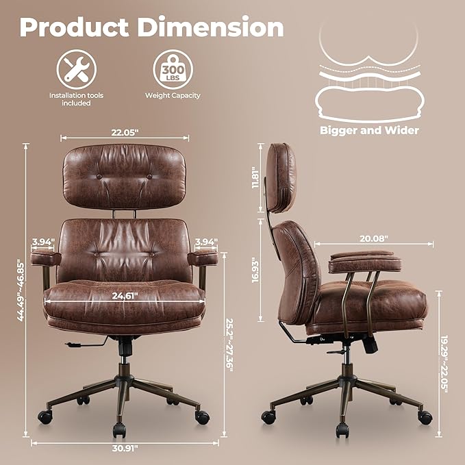 ovios Home Office Chair, Mid-Century Modern Faux PU Leather Chairs with Lumbar Support Comfy Thick Cushion, High Back Ergonomic Swivel Rolling Executive Armchair (Dark Brown, Suede Leather)
