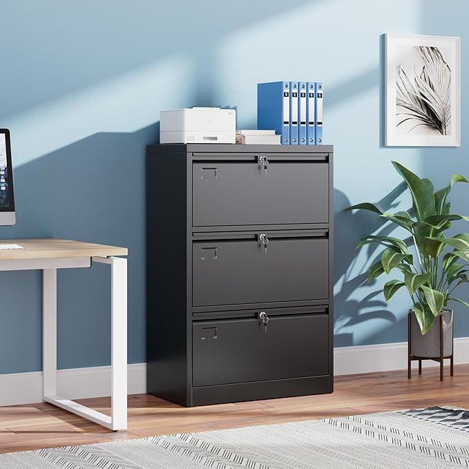 SUXXAN 3 Drawer File Cabinet, Lateral Filing Cabinet with 3 Locks for Home Office, Black File Cabinets with Business Card Holder for Letter/Legal/F4/A4 Hanging Files