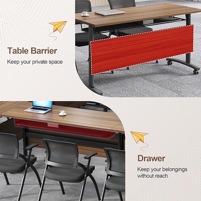 Folding Conference Room Table, Modern Conference Tables with Wheels, Large Rectangular Mobile Training Tables for Office Classroom, Foldable Modular Boardroom Seminar Table Walnut (10pack L70.9in)