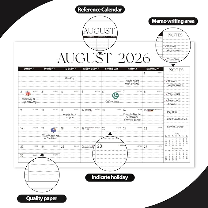 Desk Calendar 2025-2026, Monthly Desktop Large Calendar (July 2025-December 2026) Desk Wall Planner for Family Office Teacher School, 17" x 12" Black-White