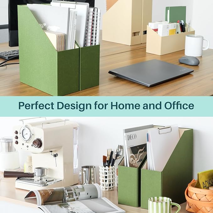 Magazine Holder - File Holder and Desk Organizer, Paperboard Book Organizer and Storage Box for Documents, Magazine Holder Rack for Classroom, Home, and Office (Leaf Green, 2-Pack)
