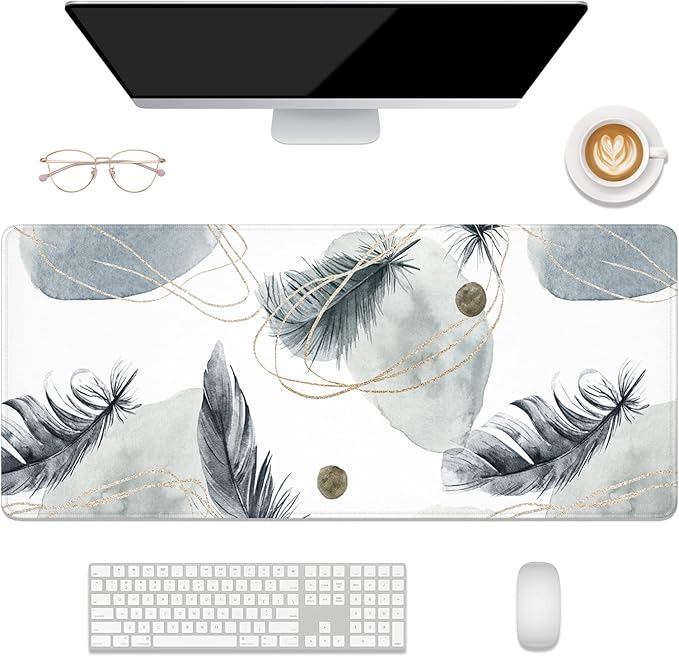 Desk Mat, 32" x 12" XXL Extended Large Gaming Mouse Pad, Desktop Decor Desk Pad, Cute Men Women Office Supplies and Accessories, XL Mouse Mat for Laptop & Keyboard, Minimalism Feather