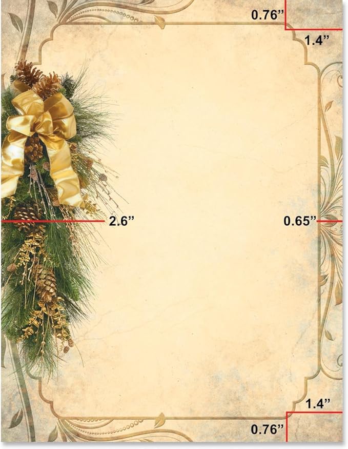 PaperDirect Vintage Gold Holiday Elegance Border Paper, Light Gold Background with Scrolls, Pine Boughs and Ribbon Design, 8.5 x 11, Acid-Free, Ideal for Invitations, Cards, 50 Sheets
