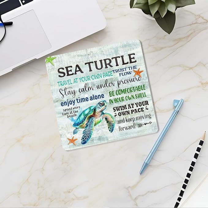 Sea Turtle Decor Desk Acrylic Sign 4x4 inch, Beach Decorations for Home Bedroom Bathroom, Inspirational Gifts for Women Men Coworkers, Mental Health Table Top Shelf Gadgets Cubicle Accessories