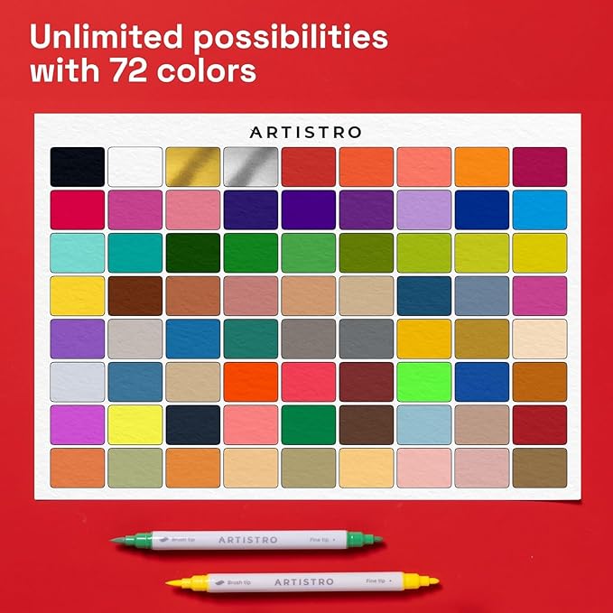 ARTISTRO 72 Dual Tip Fabric Markers - Acrylic Drawing Markers for All Ages & Levels - Fabric Paint Pens for Personalizing Clothes, T Shirts, Bags, Canvas, Textiles (Brush + Fine)