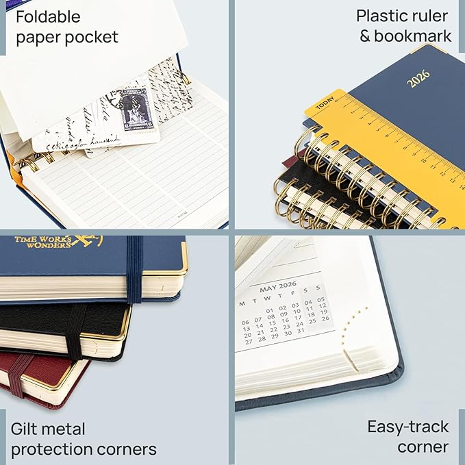 POPRUN 2026 Planner (Pocket Size 4''x 6.25'' Wire-Bond Hard Cover) Calendar Weekly and Monthly (Jan.2026-Dec.2026) Small Planner with Hourly Time Slots, for Purse, 100 GSM - Light Yellow