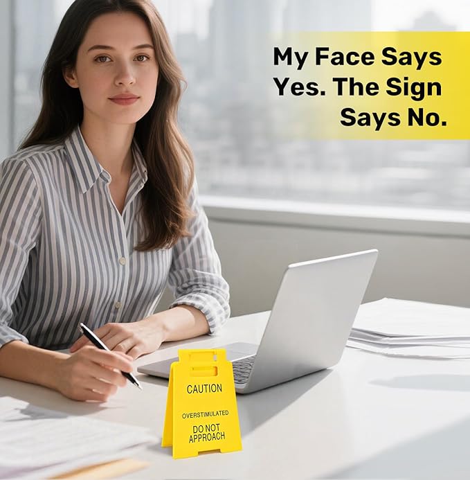 Caution Overstimulated Desk Sign, Funny Office Desk Decor for Work, Gag Sarcastic Gifts for Coworkers Teammates Employees Boss Women, Over Stimulated Do Not Approach Mini Caution Signs, Cubicle Decor Accessories, Funny Office Decorations