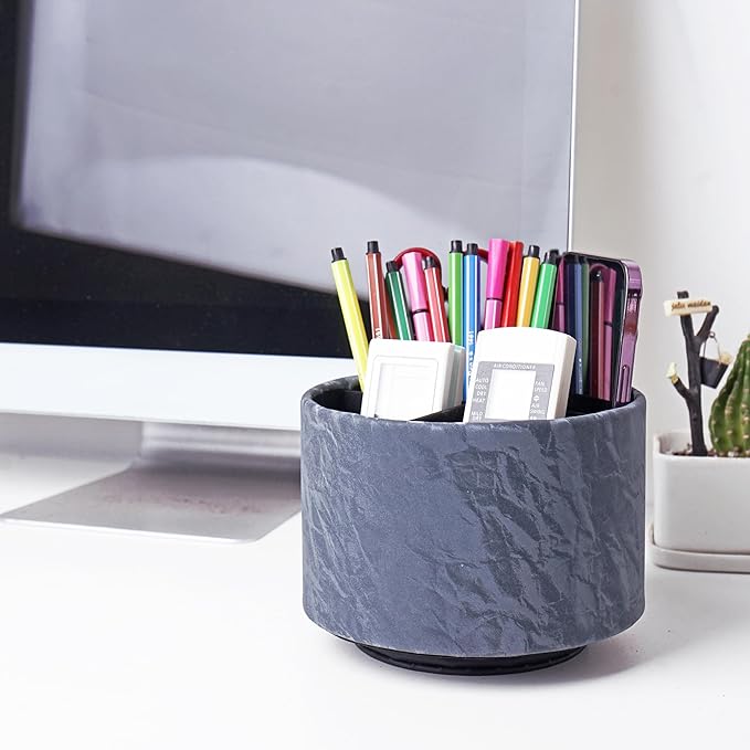 Hennaja Round Leather Art Supply Organizer,Remote Control Holder,360 Degree Spinning,Multi-Functional Pencil Holder,4 Compartments Desktop Stationary Organizer(1-Hill Blue)