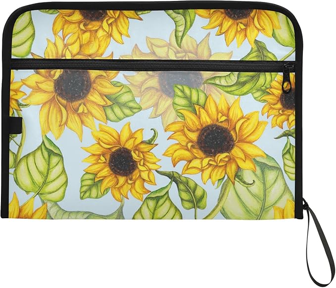 Expanding File Folder,13 Pocket Accordion File Folders with Sticky Labels, A4 Letter Size Paper Document Organizer with Zipper Closure for Office School,Hand Painted Sunflower