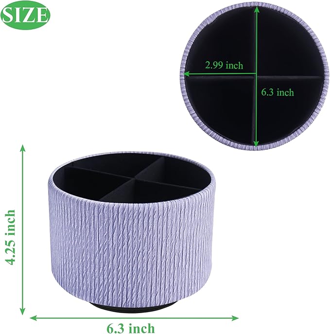 Hennaja Round Leather Art Supply Organizer,Remote Control Holder,360 Degree Spinning,Multi-Functional Pencil Holder,4 Compartments Desktop Stationary Organizer(1-Vertical Wood Purple)