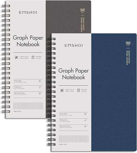 EMSHOI Graph Paper Spiral Notebook 7.48" x 10.15" - 2 Pack 320 Pages 100gsm Thick Grid Paper, B5 Graph Paper Notebook, Plastic Hardcover Journals for Writing Engineering Graphing Work School Supplies