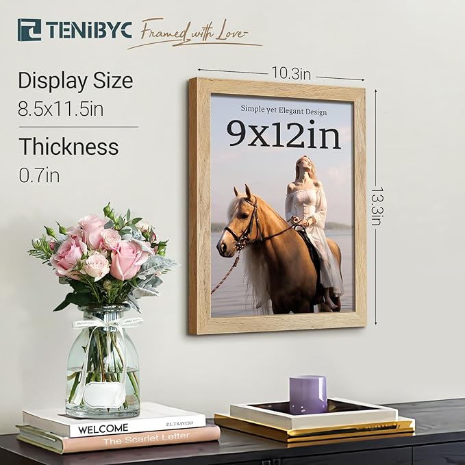 9x12 Frame 4 Pack - Natural Woodgrain, 9 x 12 Picture Frame with HD Tempered Glass, able or Wall Display
