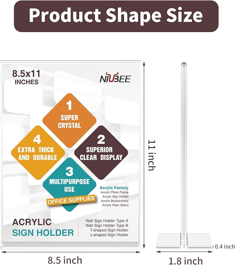 NIUBEE 3 Pack Acrylic Sign Holder 8.5 x 11 - T Shape Double Sided Table Top Display Stand, Portrait Upright Photo Picture Frame Wedding Menu Ad Holder