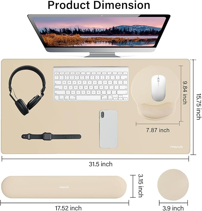MOSISO Wrist Rest for Keyboard Mouse Pad Set, Large Gaming Deskpad&Circle Curved Mousepad&Keyboard Wrist Rest&Coaster, Ergonomic Non-Slip Mousepad&Easy Typing Pad with Curved Memory Foam, Apricot