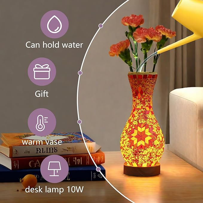 Turkish Mosaic Table Lamp for Living Room or Bedroom Decoration with Glass Vase and USB Power