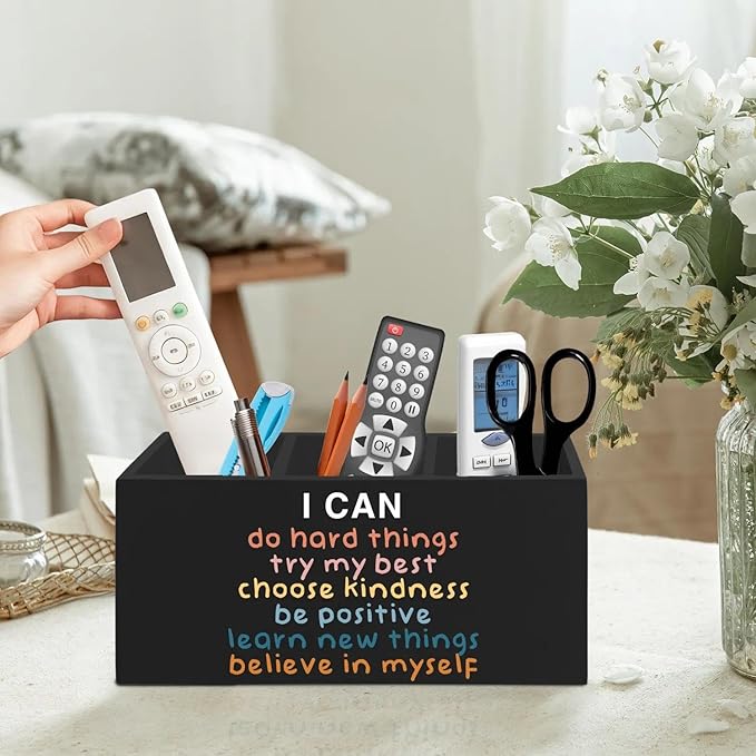 Inspirational Pen Pencil Holder Organizer for Desk Accessories, Boho Classroom Decor, I Can Do Hard Things Motivational Wooden Box Signs Decorations for Counseling Office Desk Tabletop