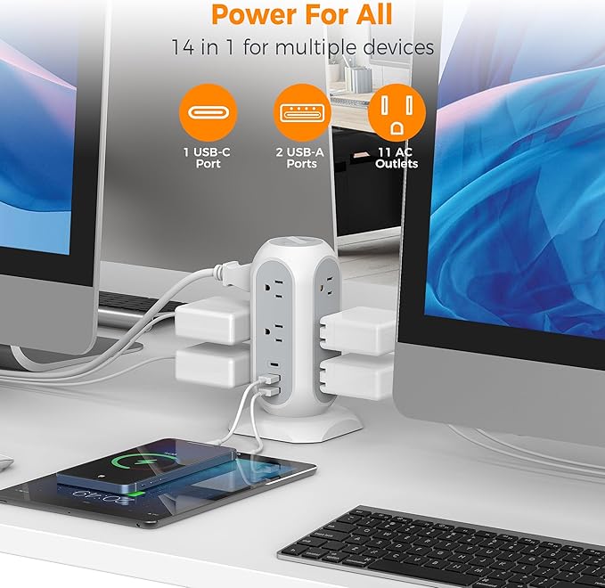 Tower Power Strip Flat Plug with 11 Outlets 3 USB (1 USB C), TESSAN Surge Protector Tower 1625W/13A,1050J Protection, 6 Feet Extension Cord with Multiple Outlets, Office Desk Supplies, Dorm Essentials