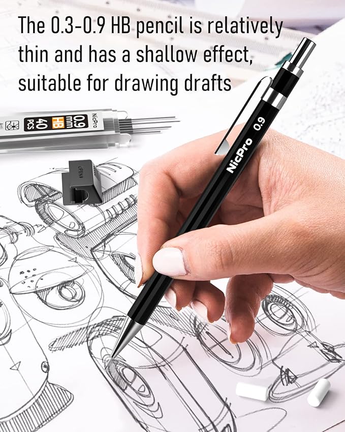Nicpro Black Art Mechanical Pencil Set in Case, Metal Drafting Pencils 0.3, 0.5, 0.7, 0.9 & 2mm Graphite Holders (2H HB 2B 4B Colored Lead) for Sketching Drawing with 9 Lead Refills, 2 Erasers