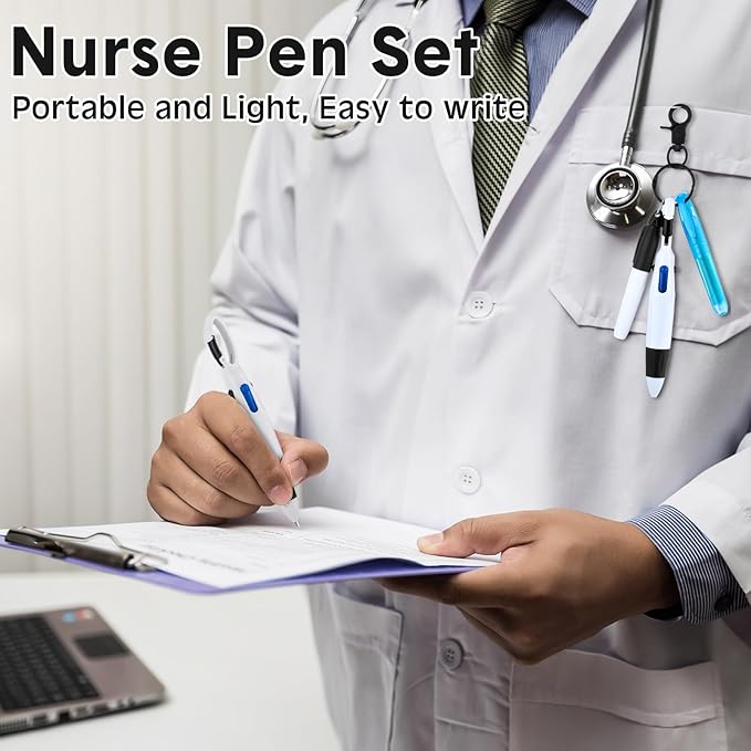 Sherr 25 Sets Retractable Nurse Pens with Mini Highlighter Permanent Marker Keychain Clip Badge Reel Pen Accessories for Nursing Students Medical Staff Office Stocking Stuffer Gift(Black Blue)